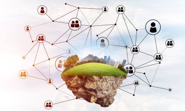 Gökyüzünde yükselen çimen ve şehir manzaralı güzel küçük bir ada.