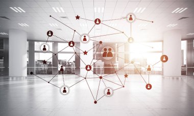 Noktalarla bağlantılı çizgiler ofis içi sosyal iletişim konsepti olarak. 3B görüntüleme