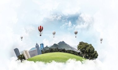 Kent manzaralı kule ve gökdelen yeşil uçan ada. Aerostates ve mavi bulutlu gökyüzü arka plan üzerinde uçan. 3D render.