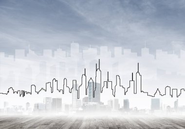 Elle çizilmiş siluet modern şehir manzarasının üzerinde kuleler ve gökdelenlerle