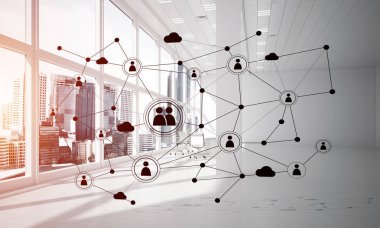 Noktalarla bağlantılı çizgiler ofis içi sosyal iletişim konsepti olarak. 3B görüntüleme