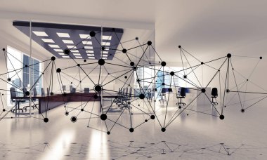 Noktalarla bağlantılı çizgiler ofis içi sosyal iletişim konsepti olarak. 3B görüntüleme