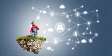 Ada ve sosyal bağlantı kavramı uçan üzerinde oturan sevimli kız