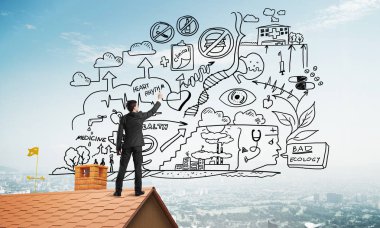 İş başarı planı çizim arka olan genç adam. Karışık teknik