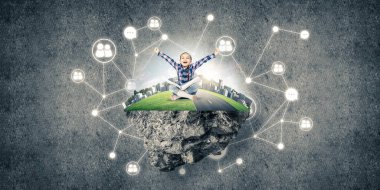 Bağlantı konsepti yüzen ada ve üzerinde kitap oturan mutlu kız çocuğu