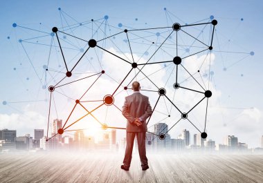 İşadamı arkasını kolluyor ve ağ çizimi kavramına bakıyor