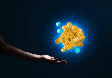 Yeniliğin sembolü olarak insan eli küp figürüne yakın olmak. Karışık ortam.