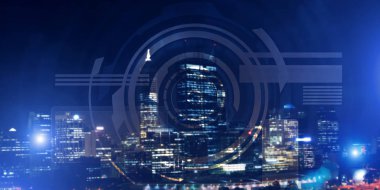 Gece parlayan şehre karşı sanal arayüzü olan arkaplan kavramsal görüntüsü