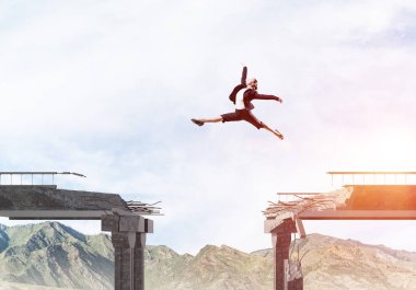 Business woman jumping over huge gap in concrete bridge as symbol of overcoming challenges. Skyscape and nature view on background. 3D rendering. clipart