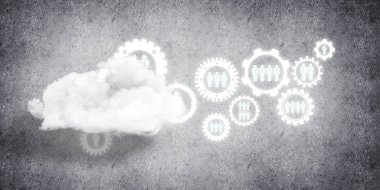 Çarklı arkaplan resmi ve beton duvarda bulut hesaplama bağlantısı kavramı