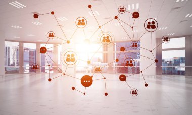 Noktalarla bağlantılı çizgiler ofis içi sosyal iletişim konsepti olarak. 3B görüntüleme