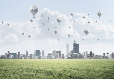 Binalar ve balon gökyüzünde ile modern cityscape