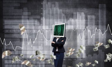 İş kadını kıyafetli kafa silah tutmak yerine İzleyicisi ile dolar ve analitik grafikler duvar arka plan üzerinde çizilmiş uçan karşı duran geçti. 3D render.