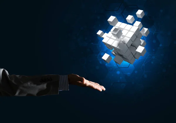 Close Businessman Hand Holding Cube Figure Symbol Innovation Mixed Media — Stock Photo, Image