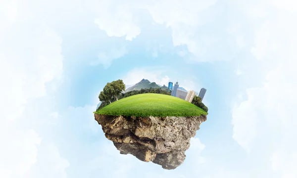 Eco Grön Koncept Med Stadsbilden Flyter Himlen — Stockfoto