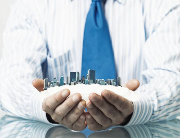 Businessman Sitting Table Presenting Real Estate Insurance Concept — Stock Photo, Image