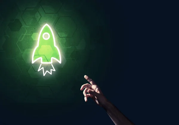 Rocket Glowing Icon Man Hand Dark Background — Stock Photo, Image