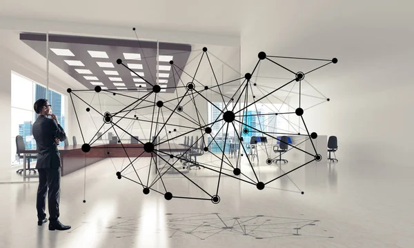 Elegant Businessman Modern Office Interior Social Connection Concept Mixed Media — Stock Photo, Image
