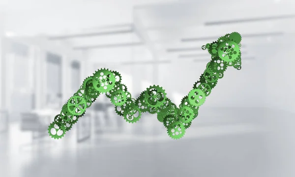 Growing arrow graph made of gears and cogwheels on white office background. 3d rendering