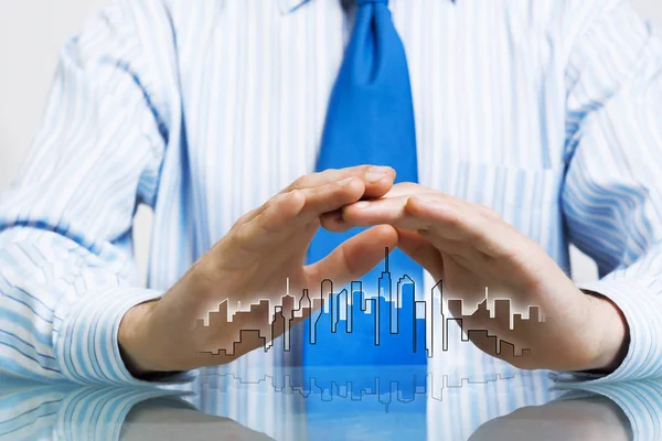 Businessman Sitting Table Presenting Real Estate Insurance Concept — Stock Photo, Image