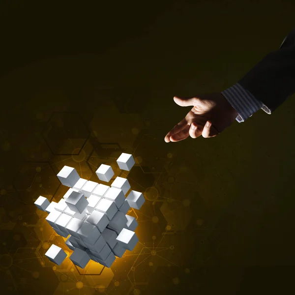 Close Businessman Hand Holding Cube Figure Symbol Innovation Rendering — Stock Photo, Image