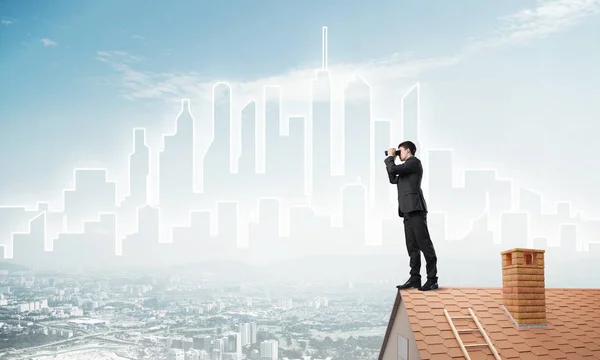 Young Businessman Viewing Cityscape His Binoculars Mixed Media — Stock Photo, Image