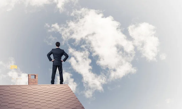 Young Determined Businessman Standing Back House Roof Looking Away Mixed — Stock Photo, Image