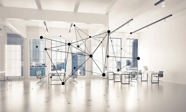 Lines connected with dots as social communication concept in office interior. 3D rendering