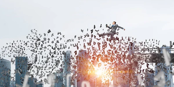 Businessman jumping over gap with flying letters in concrete bridge as symbol of overcoming challenges. Cityscape with sunlight on background. 3D rendering.