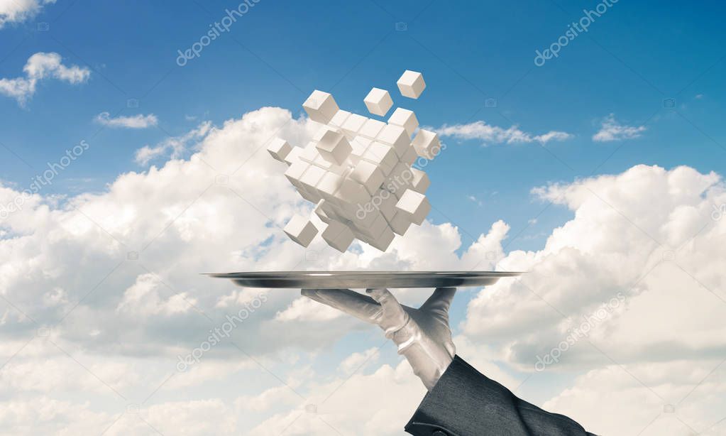 Cropped image of waiter's hand in white glove presenting multiple cubes on metal tray with cloudy skyscape on background. 3D rendering.