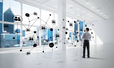 3D ofis içi ve sosyal bağlantı kavramındaki zarif iş adamı. Karışık ortam