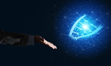 Dna molekülü araştırma kavram olarak sunulması iş adamı el kapatın. Karışık teknik