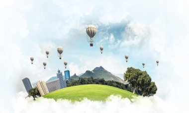 Kent manzaralı kule ve gökdelen yeşil uçan ada. Aerostates ve mavi bulutlu gökyüzü arka plan üzerinde uçan. 3D render.