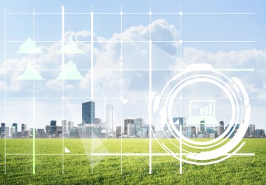 Ekranda medya simgelerine ve arka planda iş şehrine sahip modern teknolojiler kavramı