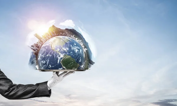 Cropped Image Waitress Hand White Glove Presenting Earth Globe Metal — Stock Photo, Image