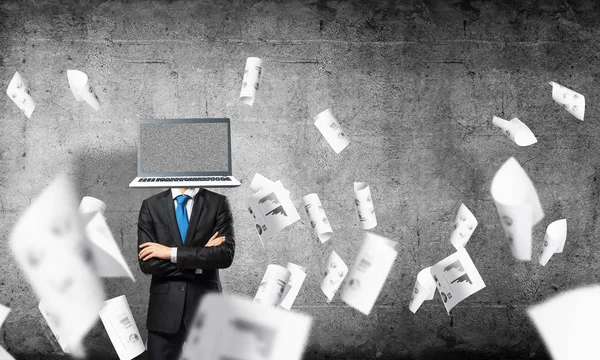 Businessman Suit Laptop Instead Head Keeping Arms Crossed While Standing — Stock Photo, Image