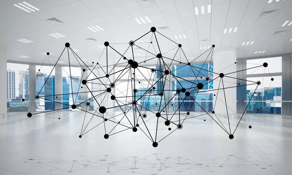 Lines connected with dots as social communication concept in office interior. 3D rendering