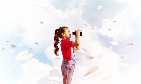 Little Cute Girl Overalls Sky Background Dreaming Future — Stock Photo, Image
