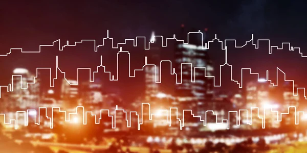 Modern night city scape glowing with lights and its drawn silhouette