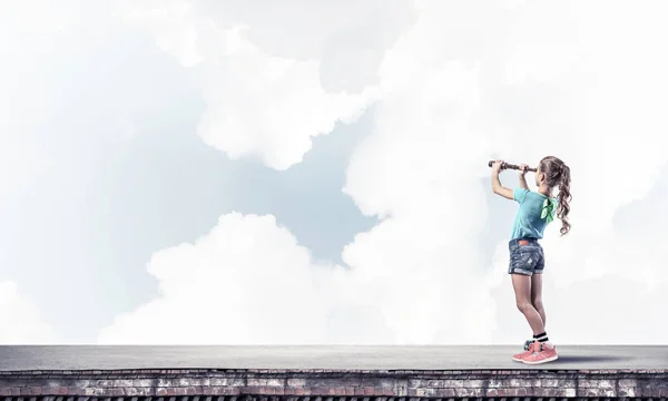 Cute Kid Girl Standing House Roof Looking Spyglass — Stock Photo, Image