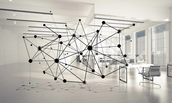 Lines connected with dots as social communication concept in office interior. 3D rendering