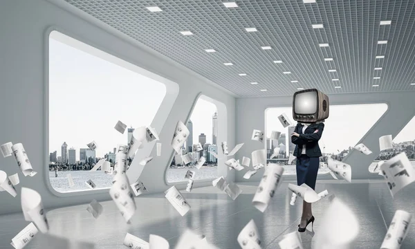 Business woman in suit with an old TV instead of head keeping arms crossed while standing among flying papers inside office building. 3D rendering.