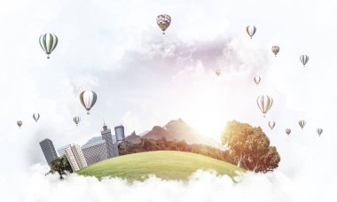 Gökyüzünde bulutların üzerinde yüzen binalar ve gökdelenlerle modern şehir manzarası