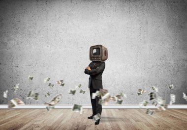 Doları banknot gri karanlık Duvar ile boş oda içinde arka planda uçan arasında dururken kafasına silah tutmak yerine eski Tv ile takım elbiseli işadamı geçti.