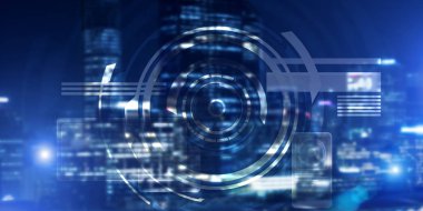 Gece parlayan şehre karşı sanal arayüzü olan arkaplan kavramsal görüntüsü