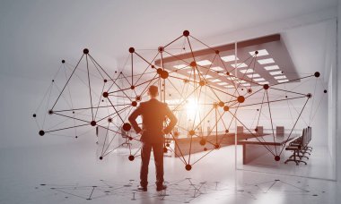 Modern ofis içi ve sosyal bağlantı kavramındaki zarif iş adamı. Karışık ortam