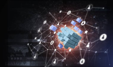 Küp şekli ve sosyal bağlantı çizgileri olan kavramsal arkaplan resmi. 3d oluşturma