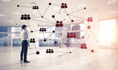 3D ofis içi ve sosyal bağlantı kavramındaki zarif iş adamı. Karışık ortam