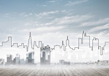 Elle çizilmiş siluet modern şehir manzarasının üzerinde kuleler ve gökdelenlerle