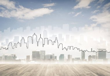 Elle çizilmiş siluet modern şehir manzarasının üzerinde kuleler ve gökdelenlerle